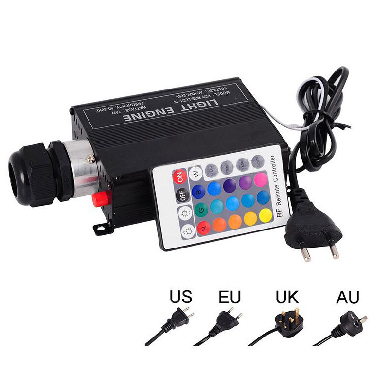0.78in 16W RGBW 4 Plug Type Selection 0.75mm+1.0mm+1.5mm Mix LED Fiber optic Star Ceiling Kit lighting 8 color RF 24key Remote Controller